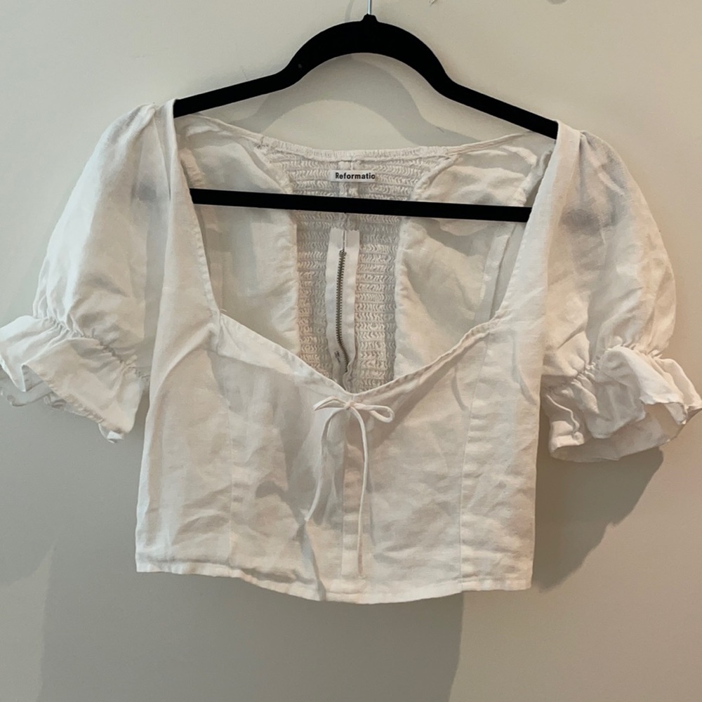 Reformatin Puff sleeve white linen top